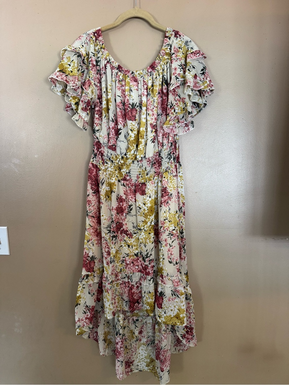 Umgee Floral High-Low Midi Dress in Cream, Pink & Yellow